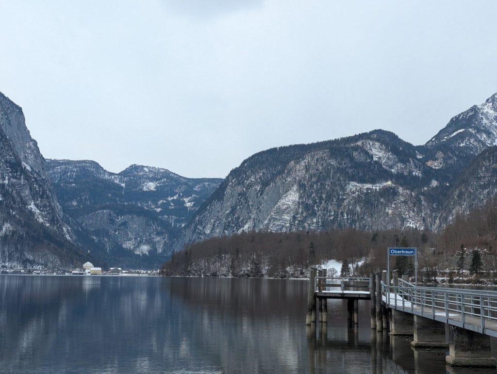 Obertraun on Lake Hallstatt with mountain reflections on a calm day