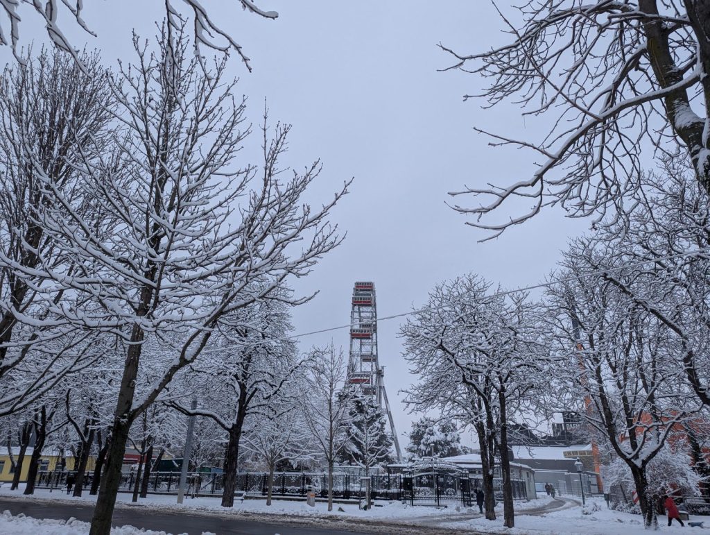 The Giant Ferris Wheel at Vienna’s Prater covered in snow during winter